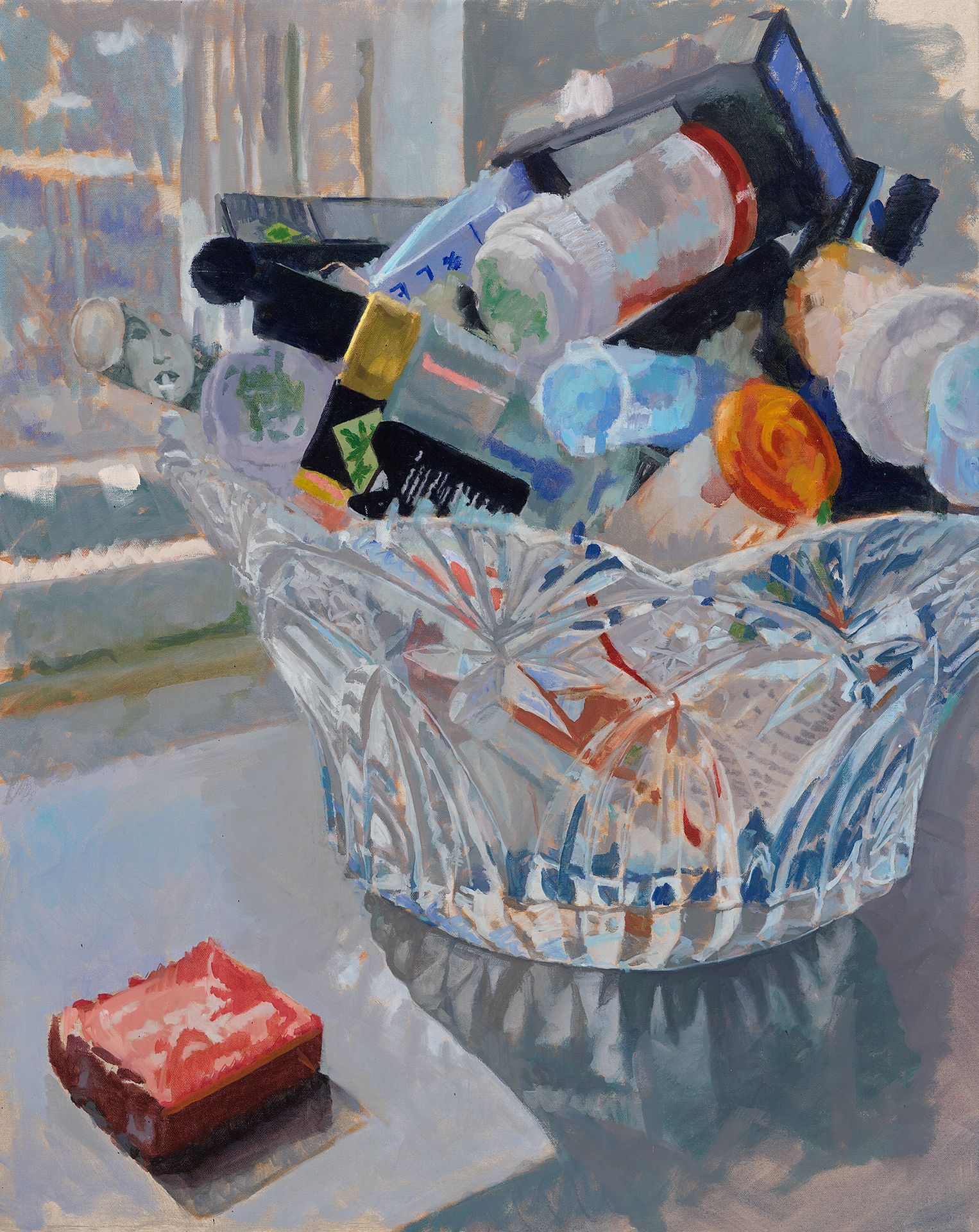 A painting of a glass bowl filled with various items