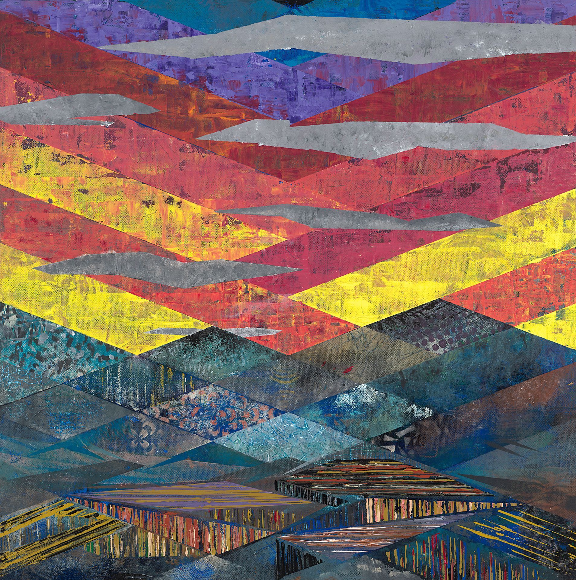 A painting of a landscape with a rainbow of colors