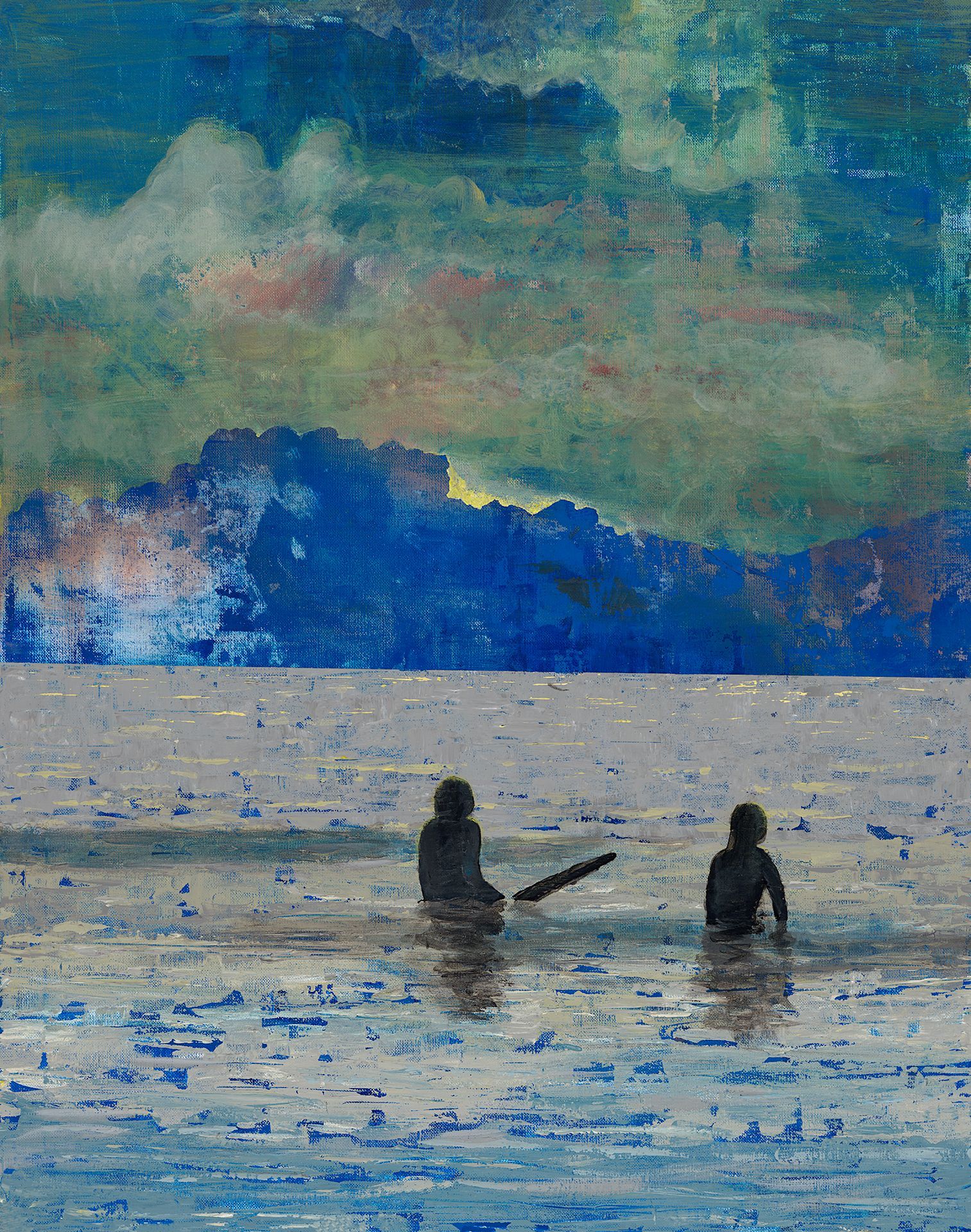 A painting of two people in the ocean with mountains in the background