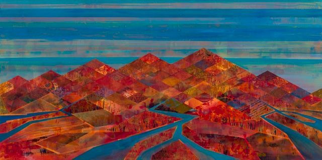 Abstract painting of colorful mountains and a river under a blue sky with horizontal stripes.