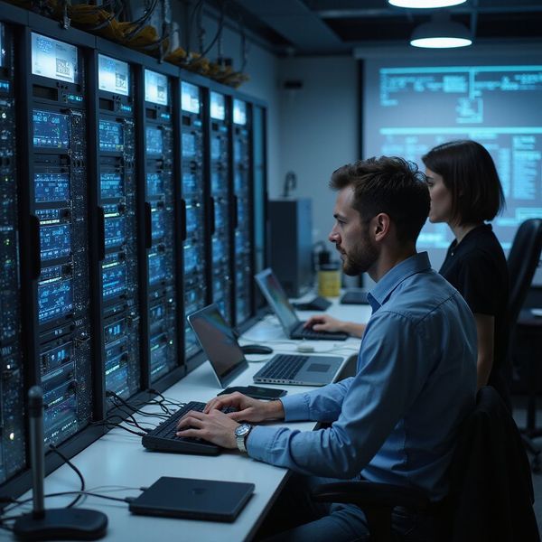 Two IT professionals monitoring server racks in a data center. Man types, woman looks on; cool blue light.
