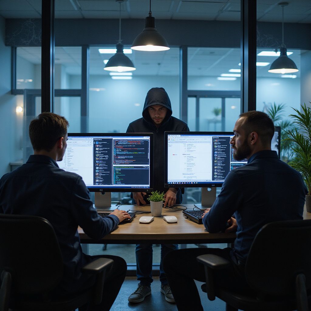 Three men at computers in a dimly lit office. One in a hoodie stands between them.