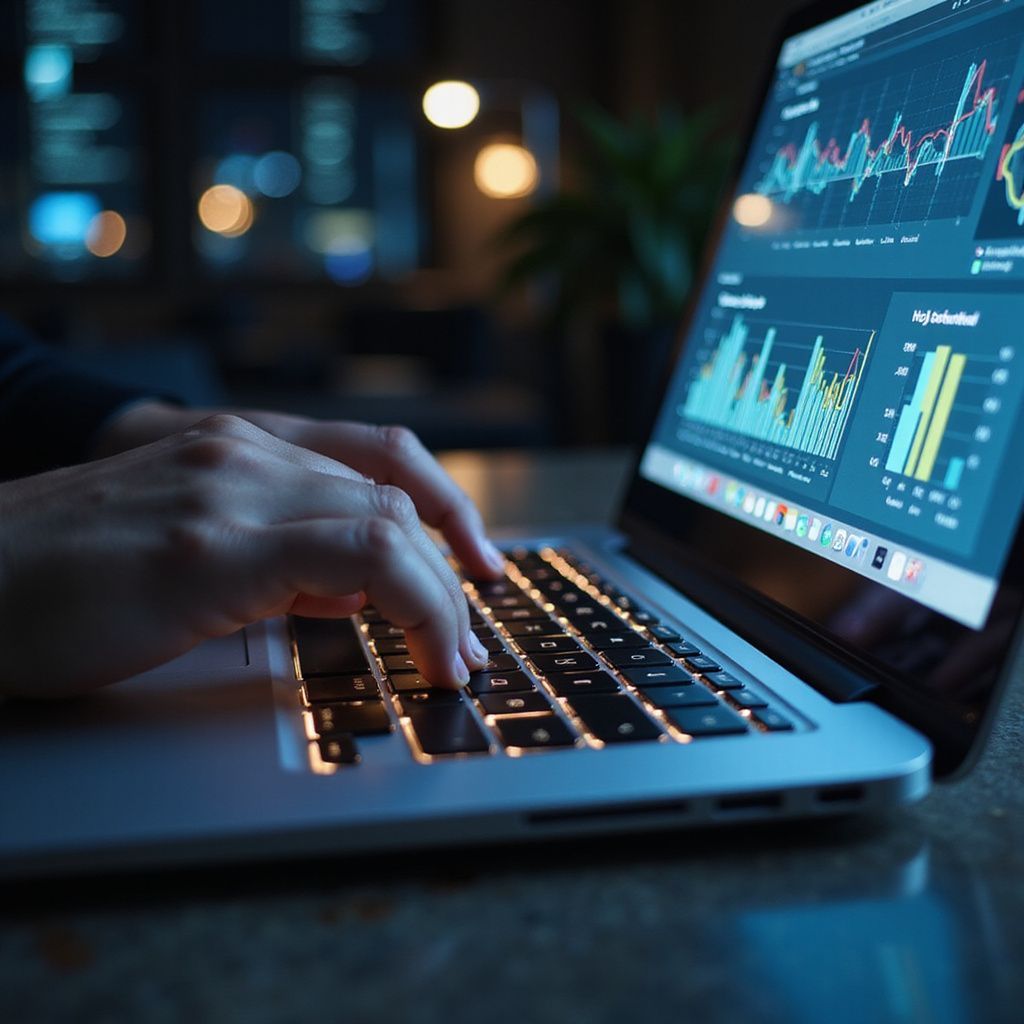 Person typing on a laptop, displaying colorful data charts in a dimly lit setting.