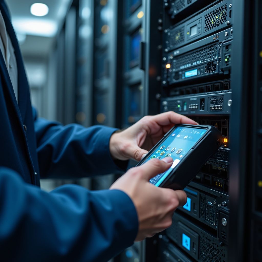 Person in a blue jacket uses a mobile device in a server room, examining the equipment.