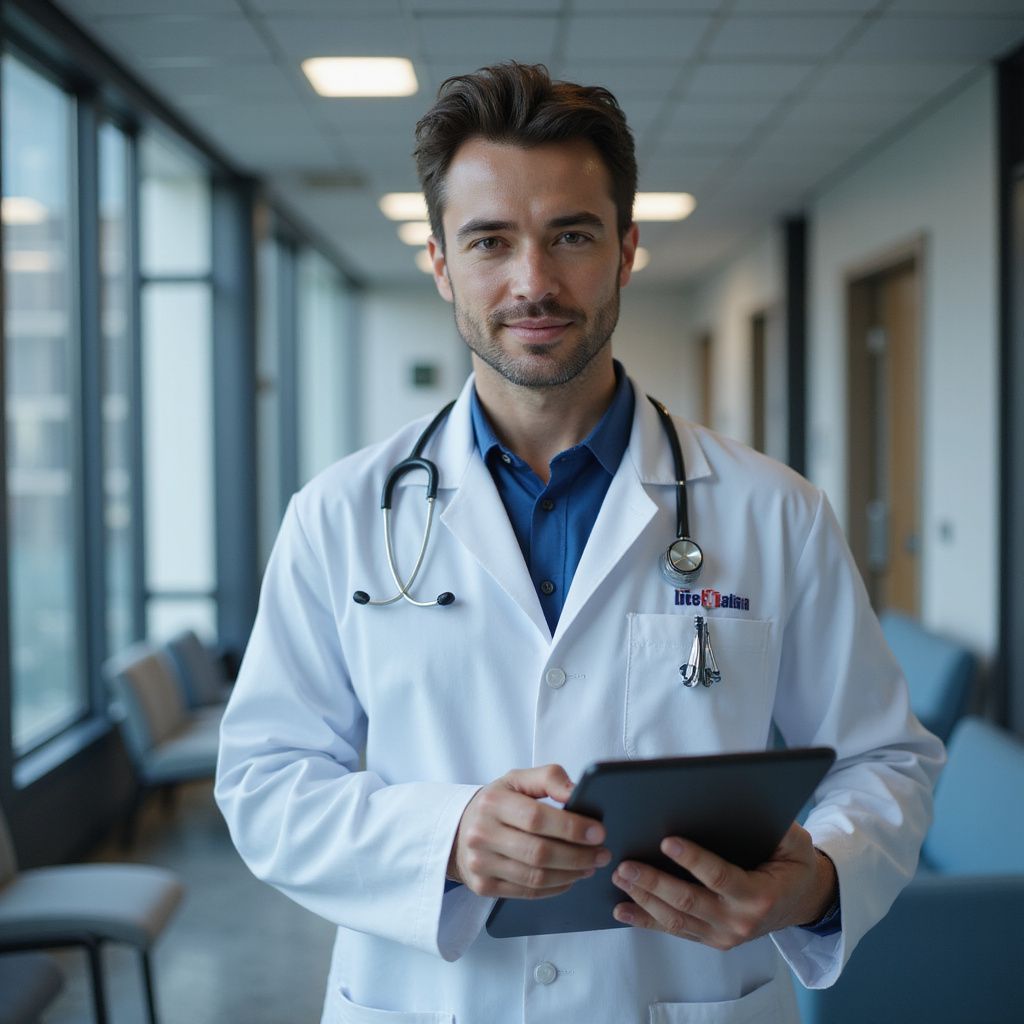 Doctor in white coat, stethoscope, holding tablet in a hospital hallway, smiling.