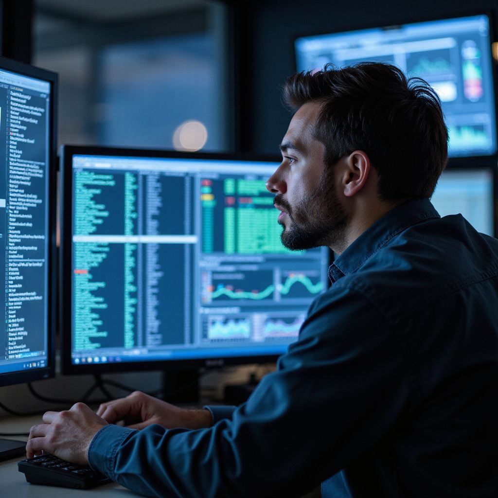 Man at computer monitors, analyzing data in a dimly lit office.