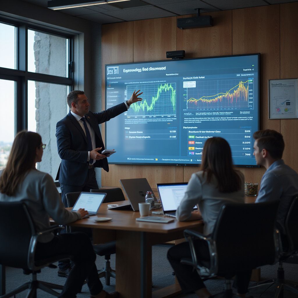 A man in suit points to a financial graph on a screen. Four people at a table look on.