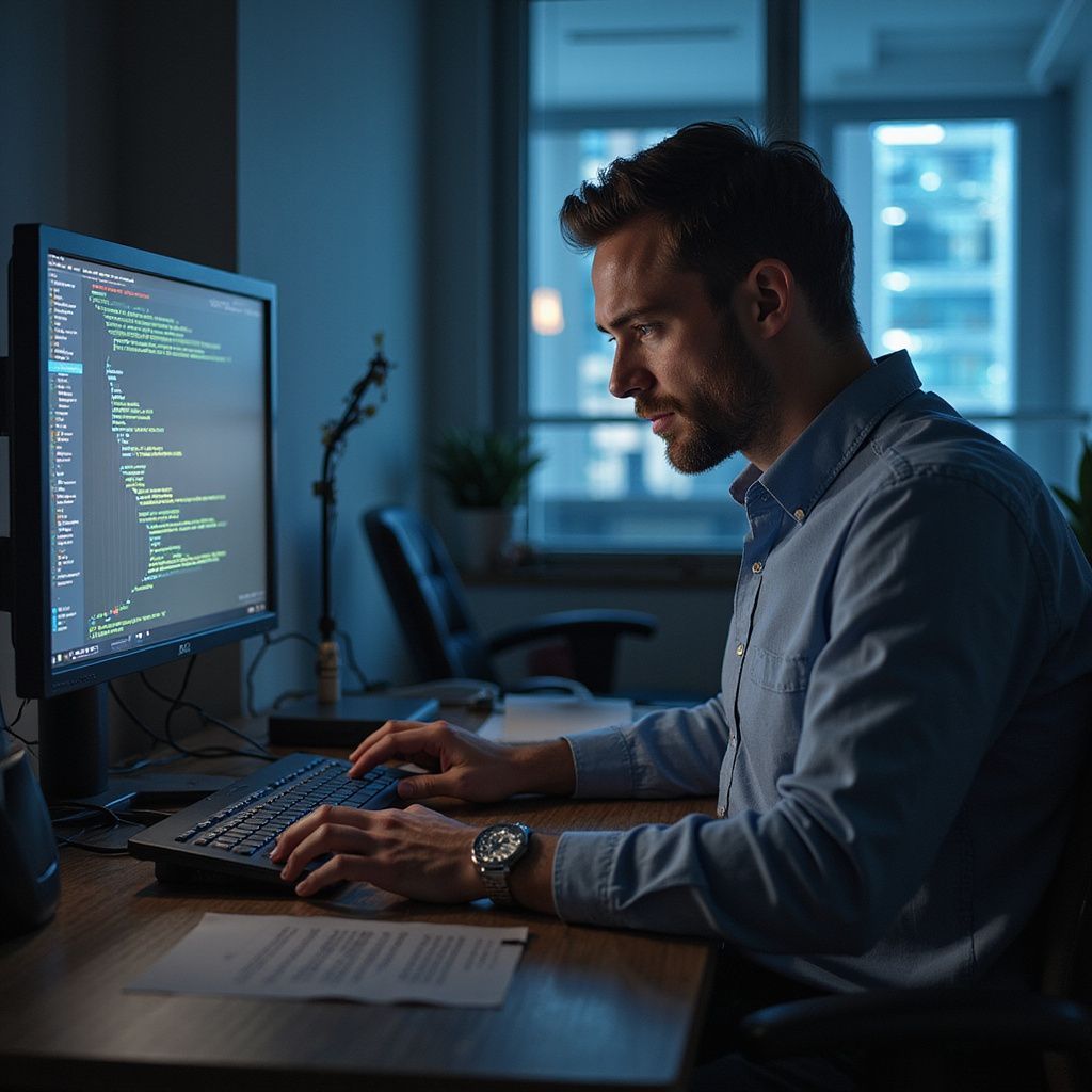 Man at desk, coding on a computer at night. He wears a blue shirt, with a focused expression, indoors.