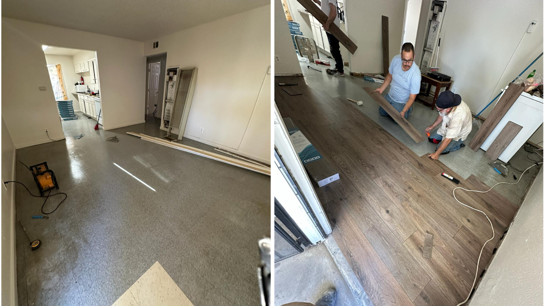 Left: Room with gray flooring, empty. Right: Men installing wooden flooring.