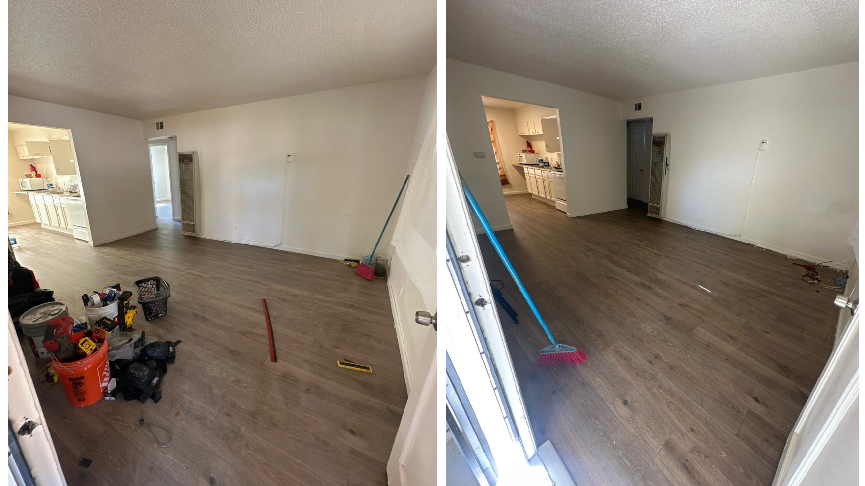 Two photos show an empty room with new flooring. Tools are on the floor in the first photo, a broom in the second.