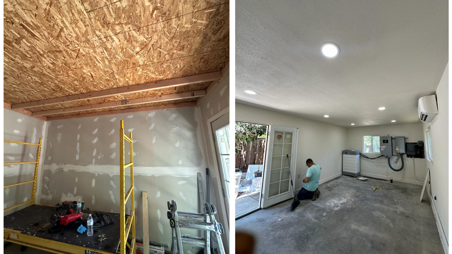 Before and after shots of a room renovation, from unfinished to finished with white walls, lighting, and an appliance.