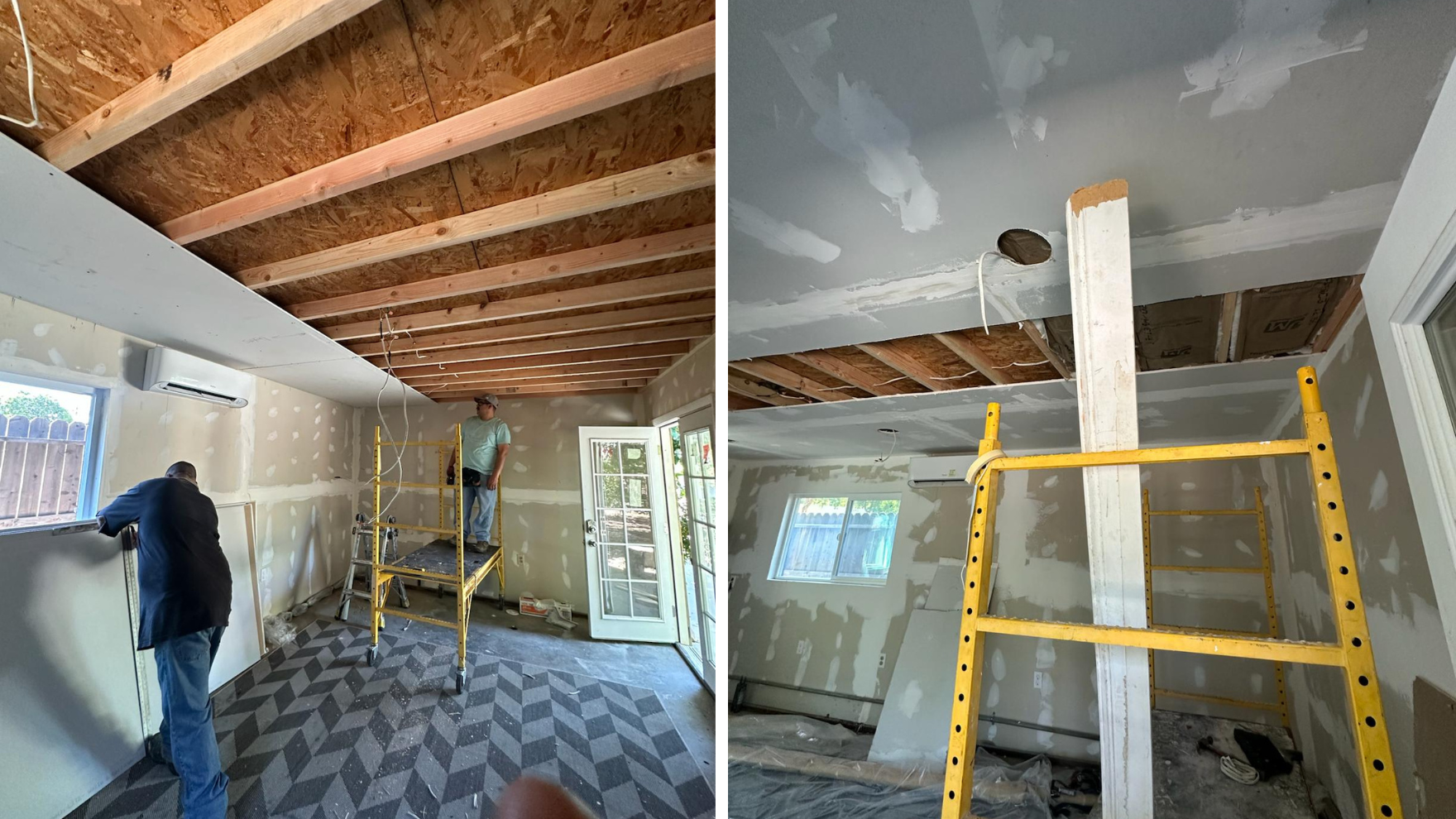 Room under renovation: exposed beams and drywall being installed. Workers, scaffolding visible.