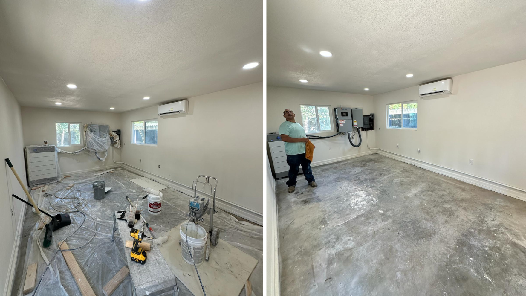 Room undergoing renovation: messy, then clean. Walls are white, windows present. A man stands.