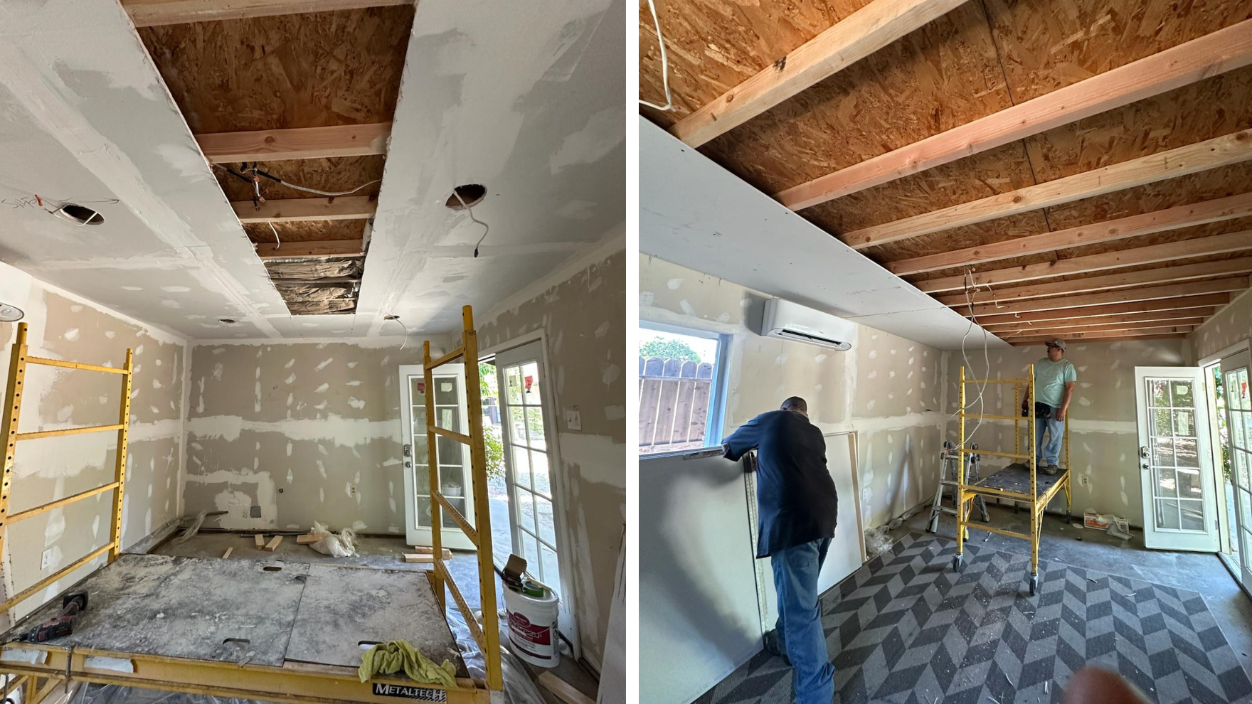 Room under renovation; drywall being installed on ceiling and walls. Scaffolding, open ceiling beams visible.
