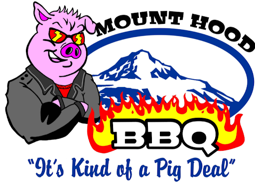 Mount Hood BBQ logo: A pig wearing sunglasses and a jacket, next to Mount Hood, and the words 
