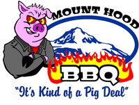 Mount Hood BBQ logo: A pig wearing sunglasses and a jacket, next to Mount Hood, and the words 