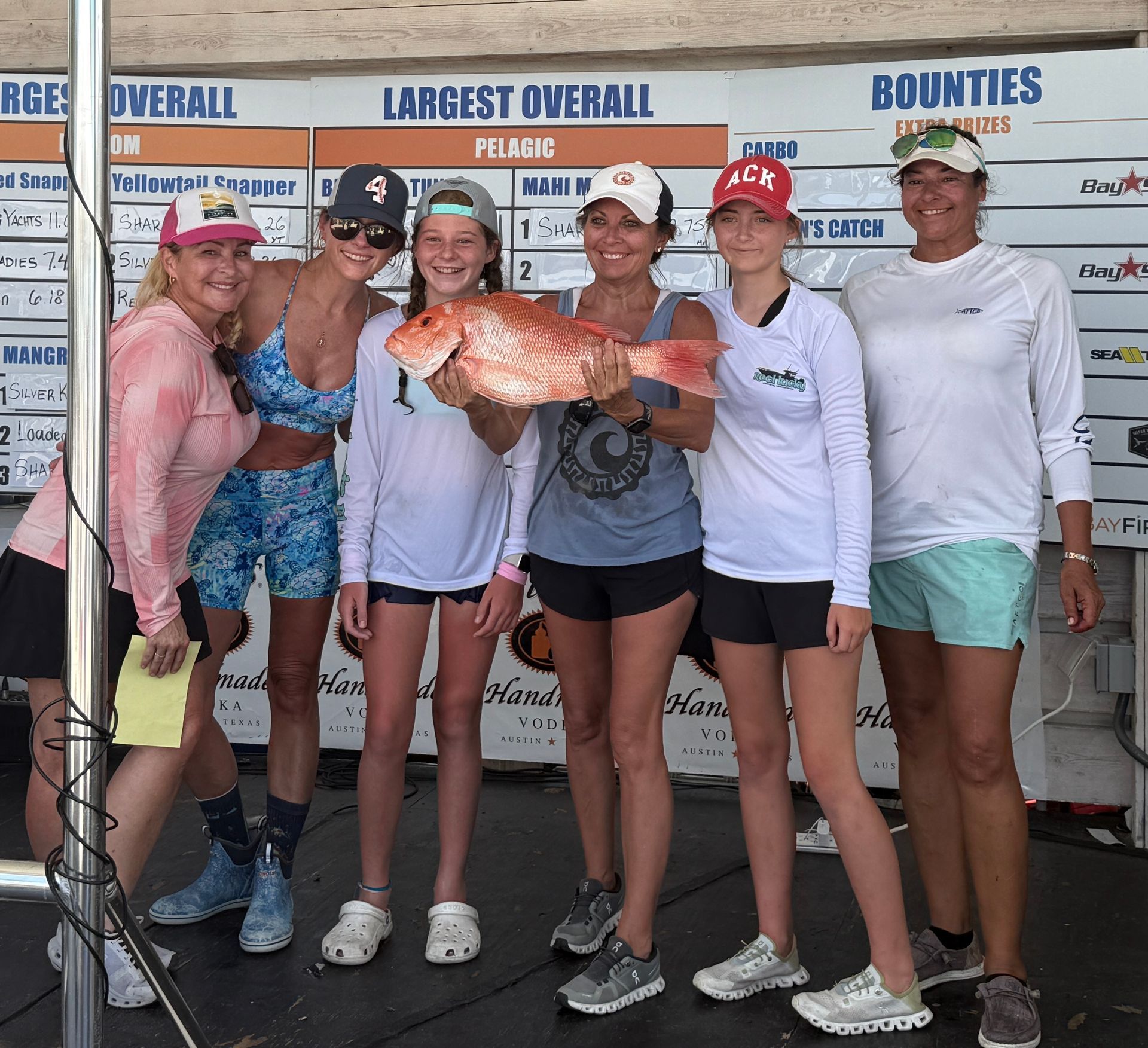 Group of women holding a large red fish at a fishing tournament weigh-in.