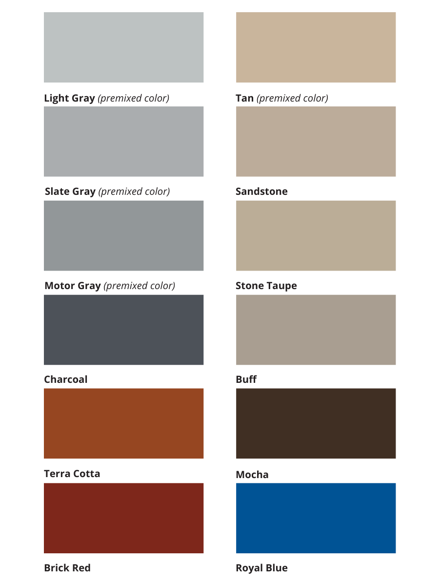 Color swatches: light gray, tan, slate gray, sandstone, manor gray, stone taupe, charcoal, buff, terra cotta, mocha, brick red, royal blue.