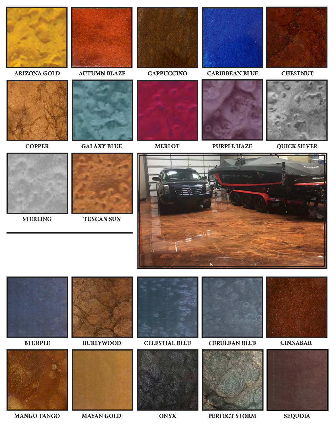 Swatch samples of decorative concrete colors, with a truck and trailer on concrete.