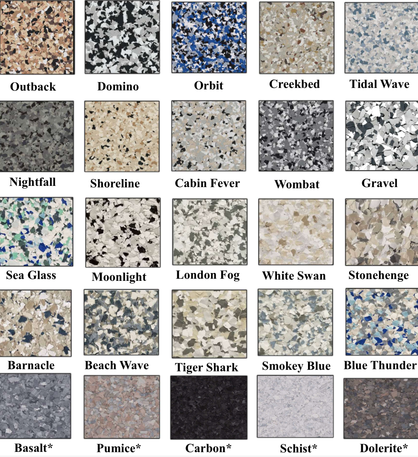 Samples of various floor coatings with names like Outback, Domino, Orbit, etc.
