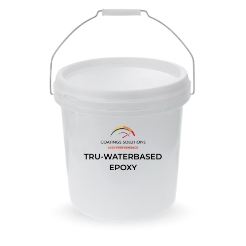 White bucket of Tru-Waterbased Epoxy paint with a metal handle, labeled 