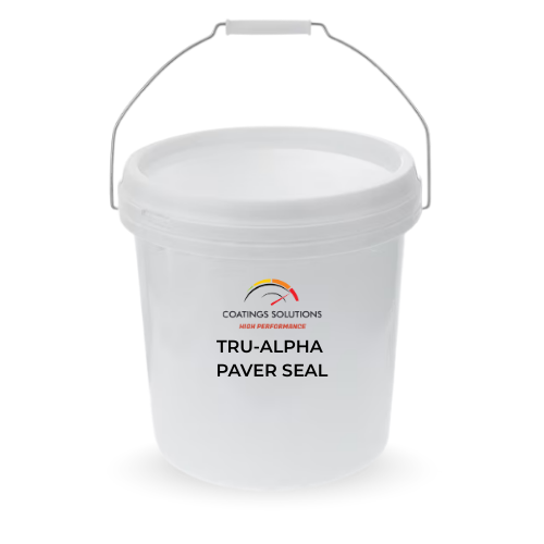 White bucket of TRU-ALPHA paver seal with a wire handle.