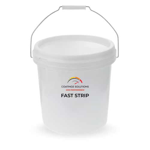 White bucket of "FAST STRIP" product from Coatings Solutions, with a metal handle.