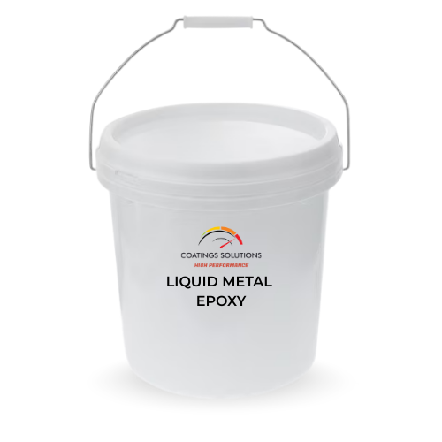 White bucket of liquid metal epoxy with handle, product label visible.