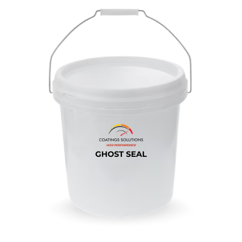 White bucket labeled "GHOST SEAL" with a metal handle.