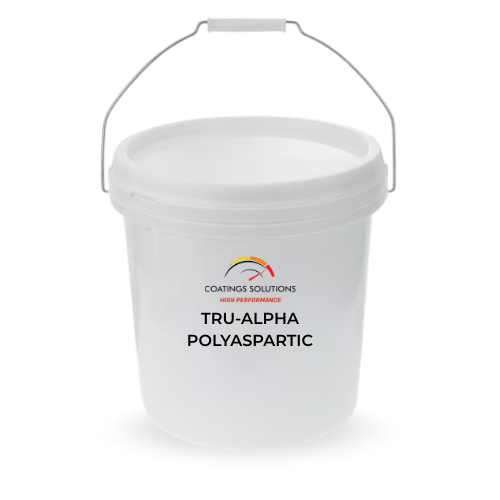White bucket labeled "TRU-ALPHA POLYASPARTIC" from Coatings Solutions.