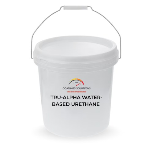 White bucket of Tru-Alpha water-based urethane with a metal handle, logo 