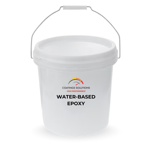 White bucket labeled "TRU-WATERBASED EPOXY" with handle, logo: Coatings Solutions, High Performance.