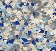Blue, gray, and white floor epoxy flakes.
