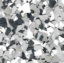 Gray, white, and dark gray decorative vinyl floor flakes.