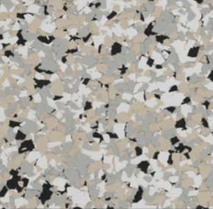 Speckled floor coating with gray, white, beige, and black chips.