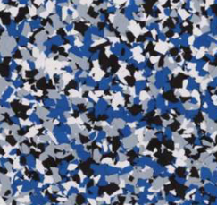 Blue, black, gray, and white speckled epoxy floor coating.