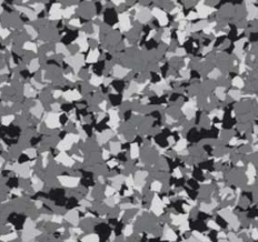 Gray, black, and white speckled epoxy flooring.