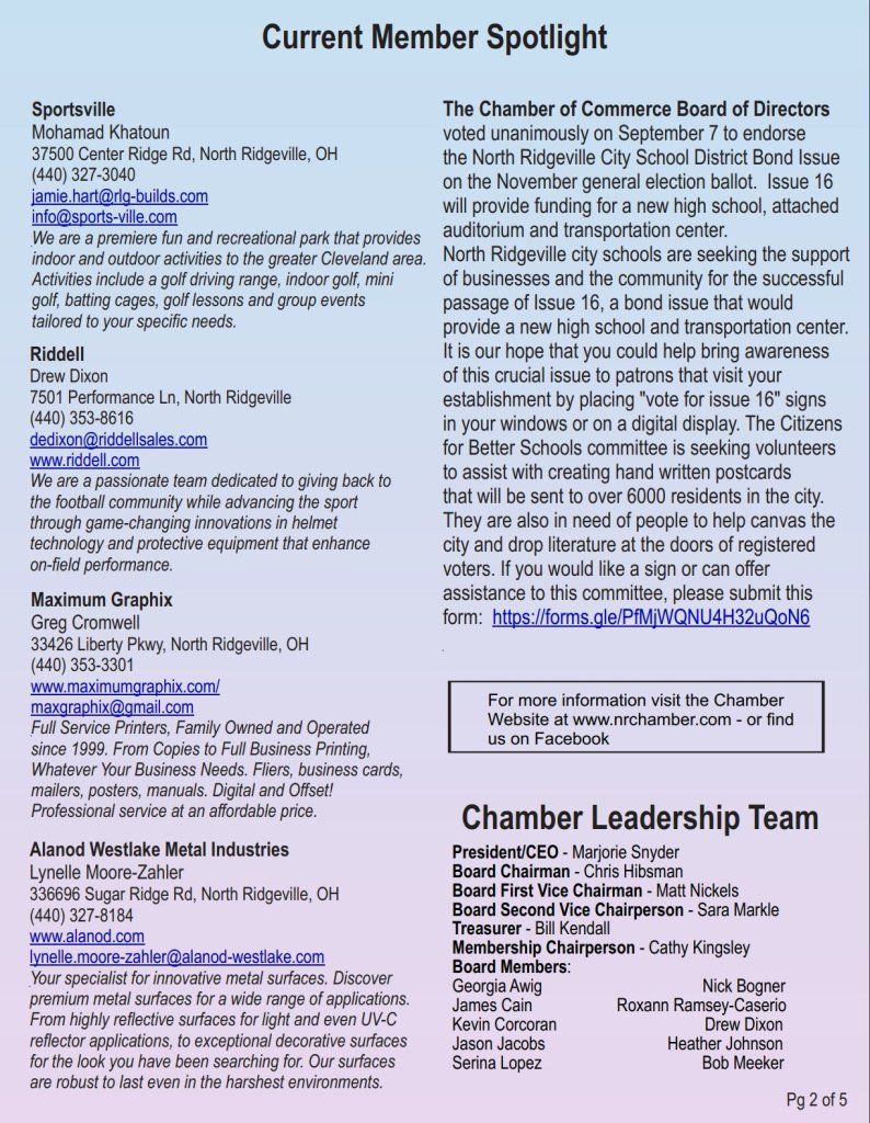 A page of a magazine that says current member spotlight and chamber leadership team