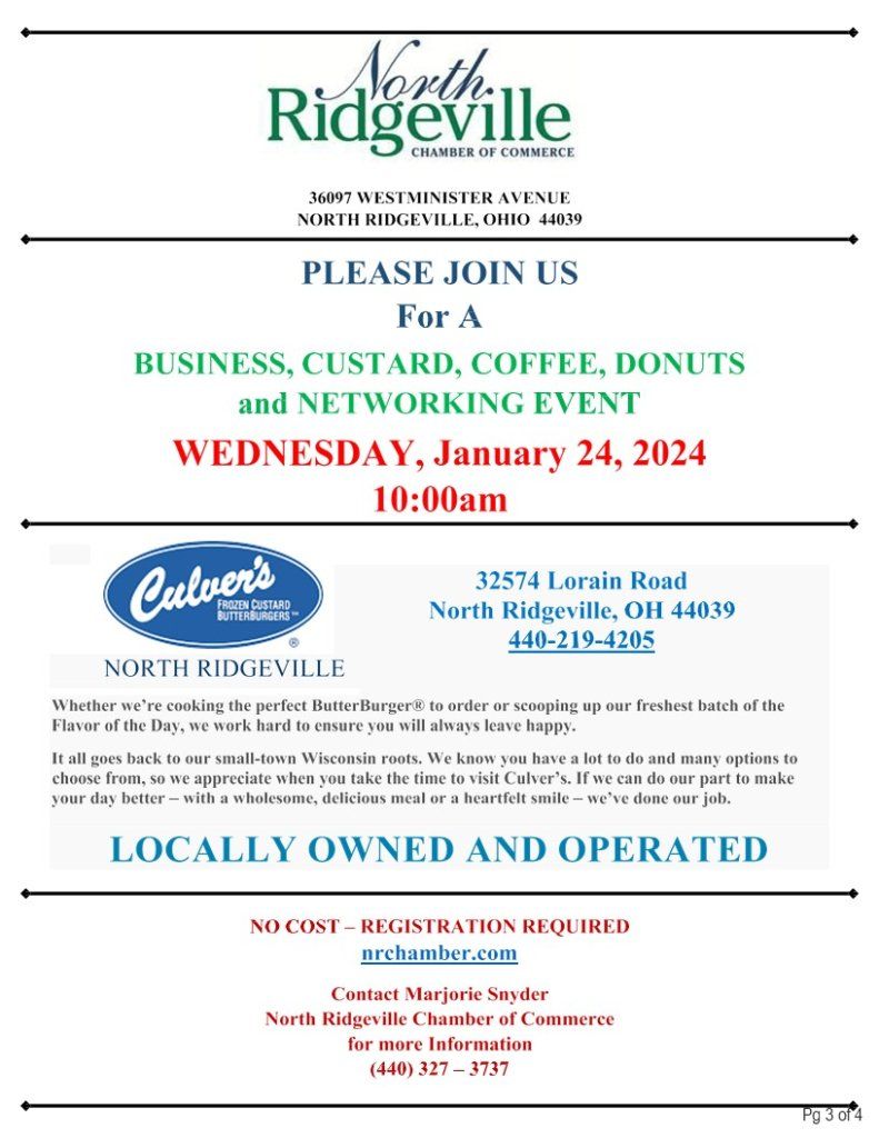 A flyer for a business custard , coffee , donuts and networking event