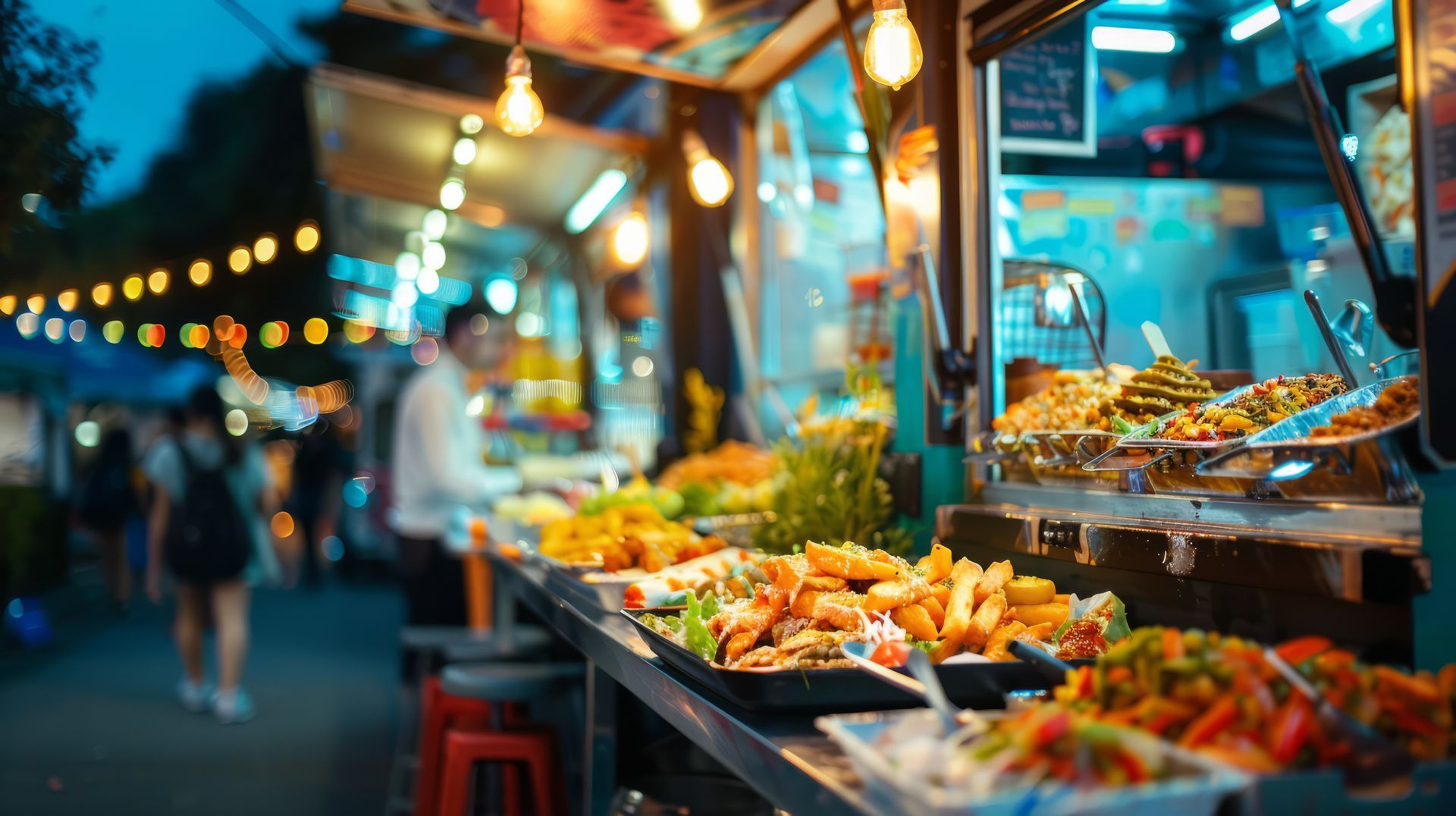 A food truck is selling food at a night market.