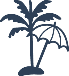 A blue silhouette of a palm tree on a white background.