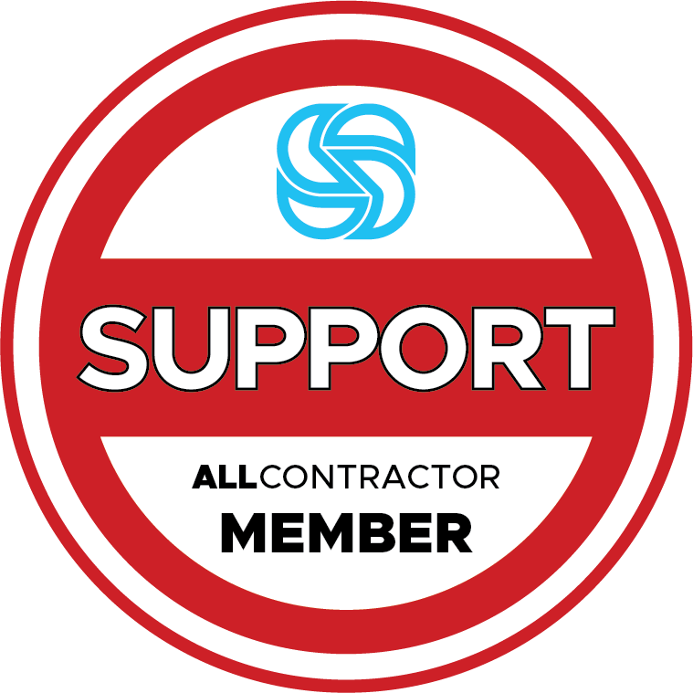 A red and white circle that says support all contractor member
