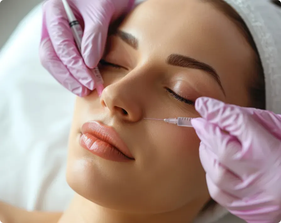 Woman receiving cosmetic injections on her cheek near eye. Pink gloves, white setting.