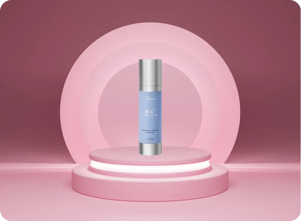Product shot of skincare bottle on a pink podium, with a pink backdrop circle.