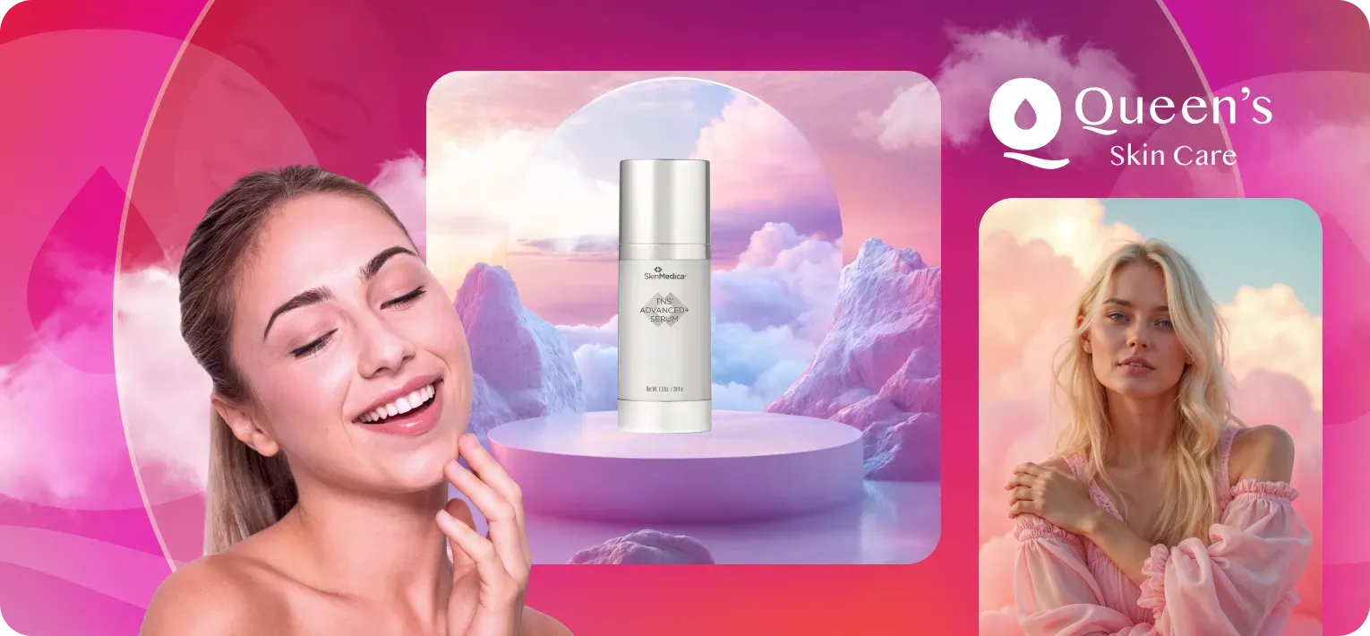 Woman with bright smile touching her face, next to a product and another woman for a skincare product advertisement.