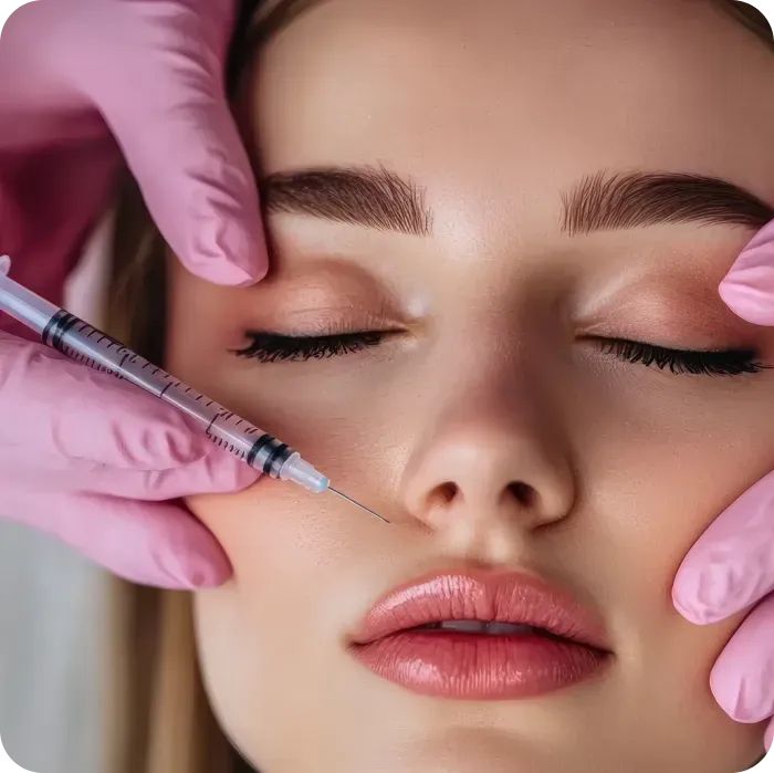 Person receiving facial injection; close-up with pink gloved hands, closed eyes, and syringe near the nose.