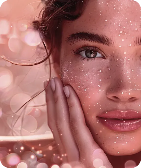 Woman with sparkling skin, hand on cheek, looking towards the viewer, soft pink bokeh background.