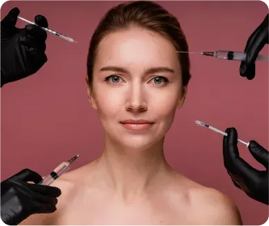 Woman surrounded by hands in black gloves holding syringes, against a pink background.
