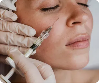 Person receiving a facial injection in a medical setting, with a gloved hand holding a syringe near the cheek.