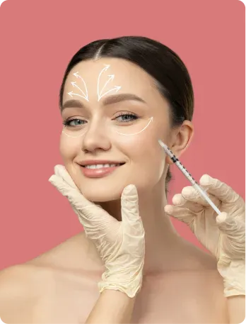 Woman receiving facial injections, arrows indicating treatment areas, pink background.